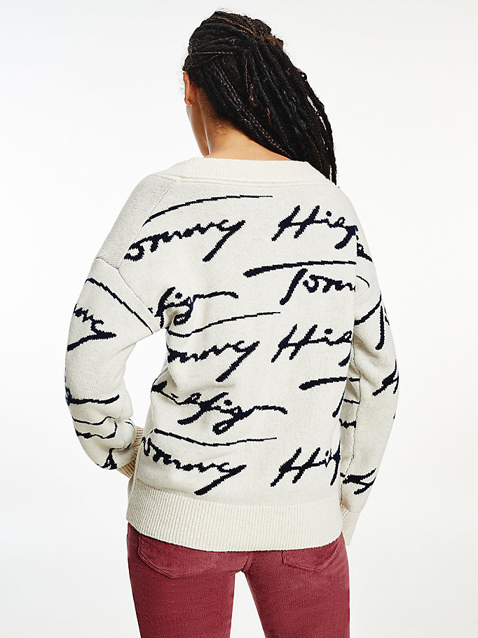 Tommy Hilfiger All-Over Signature Logo Gensere Dame Hvite | XZWUNE-576