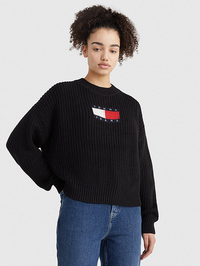 Tommy Hilfiger Badge Chunky Knit Gensere Dame Svarte | ICFMOR-946