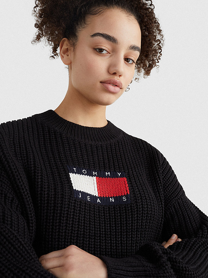 Tommy Hilfiger Badge Chunky Knit Gensere Dame Svarte | ICFMOR-946