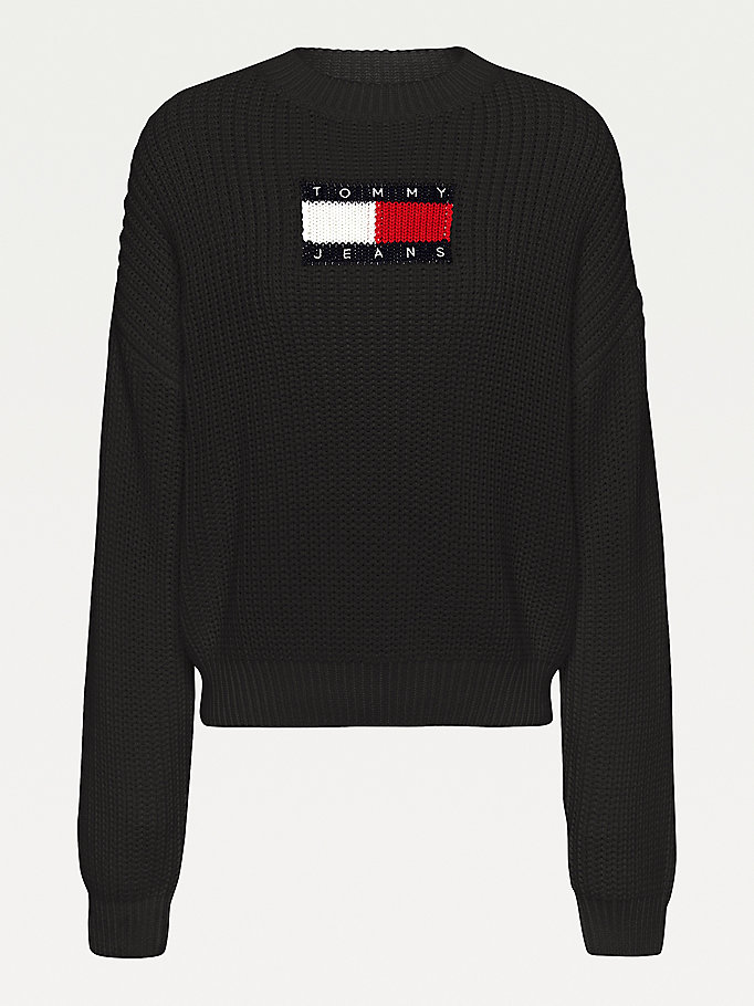 Tommy Hilfiger Badge Chunky Knit Gensere Dame Svarte | ICFMOR-946