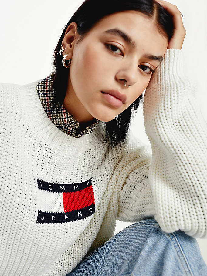 Tommy Hilfiger Badge Chunky Knit Gensere Dame Hvite | VGYCUX-801