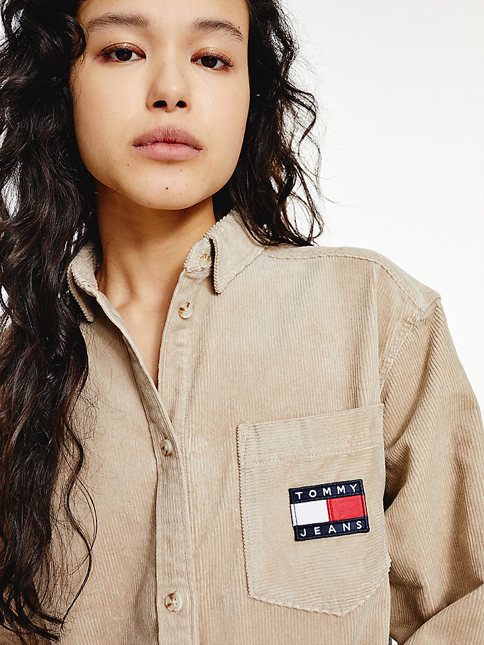 Tommy Hilfiger Badge Corduroy Kjoler Dame Beige | UPWBET-560