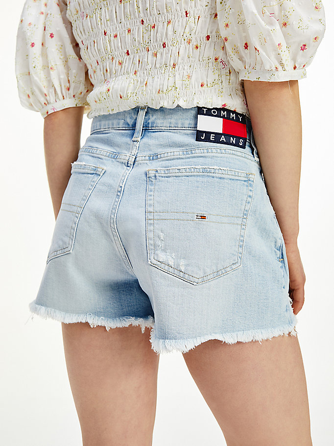 Tommy Hilfiger Badge Distressed Denim Hotpants Shorts Dame Blå | TBYOMF-127