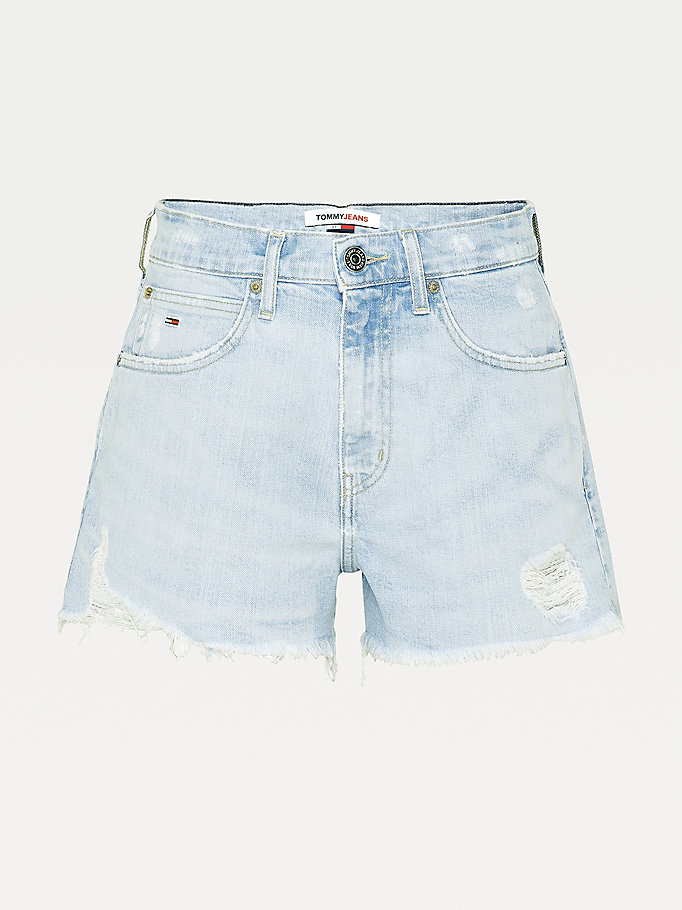 Tommy Hilfiger Badge Distressed Denim Hotpants Shorts Dame Blå | TBYOMF-127