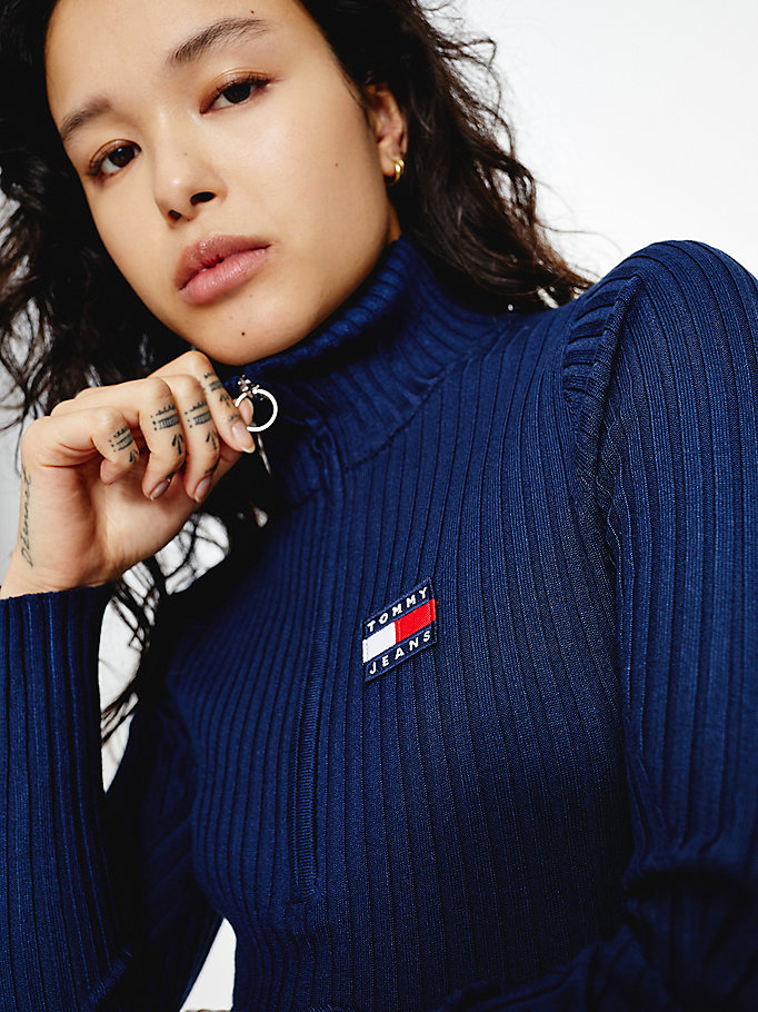 Tommy Hilfiger Badge Half-Zip Rib-Knit Gensere Dame Blå | IZTVYP-672