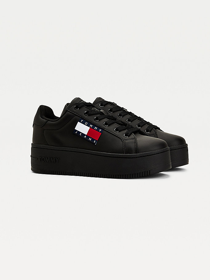 Tommy Hilfiger Badge Lær Flatform Joggesko Dame Svarte | QLOGVX-163