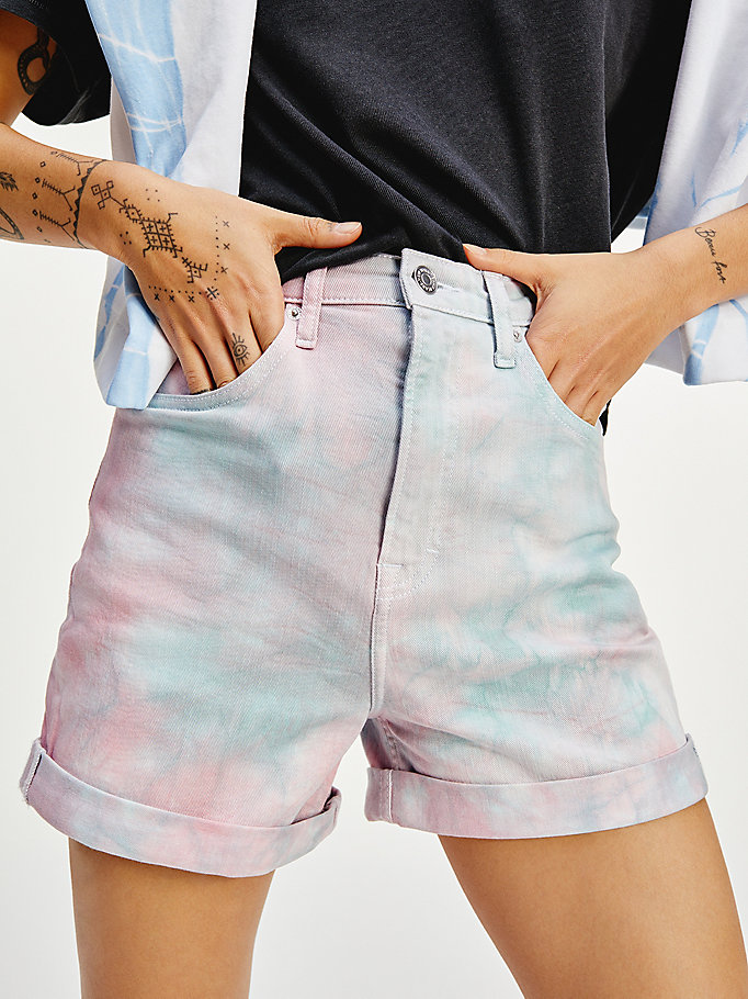 Tommy Hilfiger Badge Mom Tie-Dye Shorts Dame Blå | DXGNJE-462