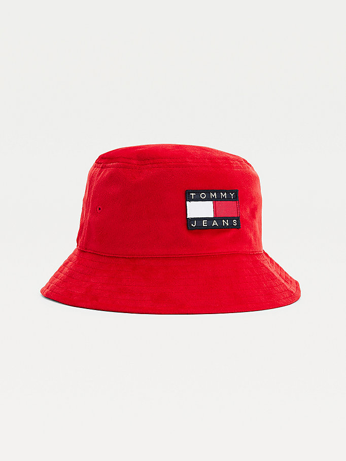 Tommy Hilfiger Badge Velvet Bucket Hatt Dame Rød | IHTUYG-835