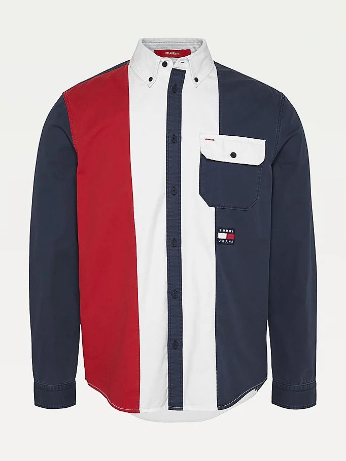 Tommy Hilfiger Badge Washed Colour-Blocked Skjorte Herre Blå | URNAQD-354