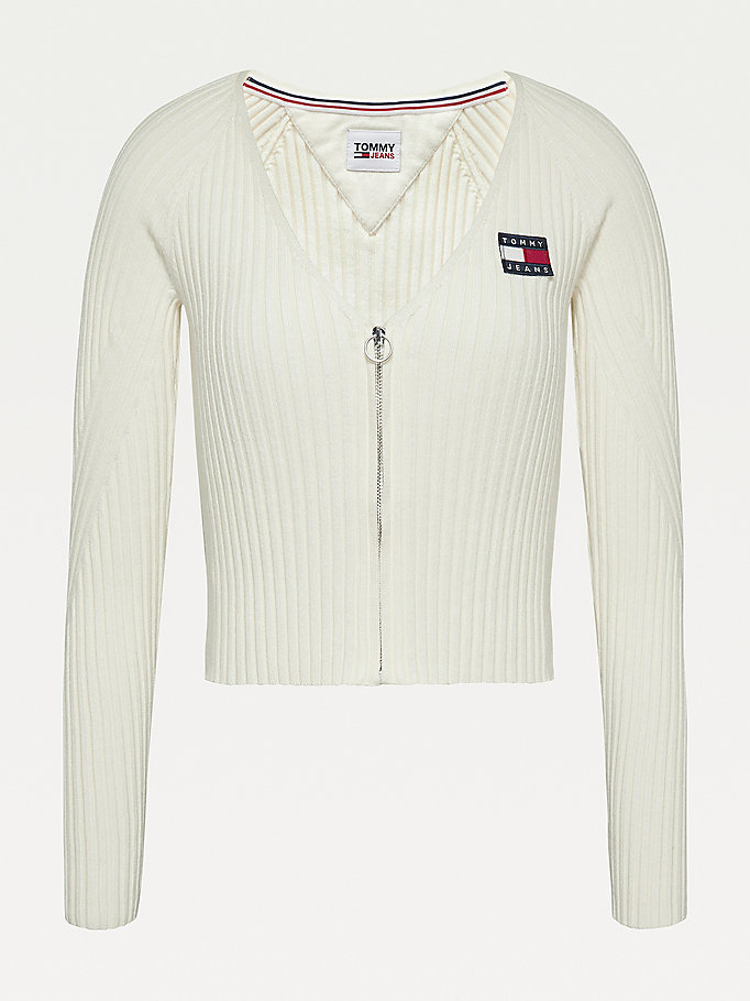 Tommy Hilfiger Badge Zip-Thru Ribbed Gensere Dame Hvite | MPVYTE-197