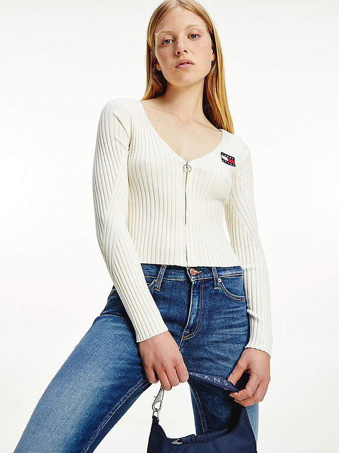 Tommy Hilfiger Badge Zip-Thru Ribbed Gensere Dame Hvite | MPVYTE-197