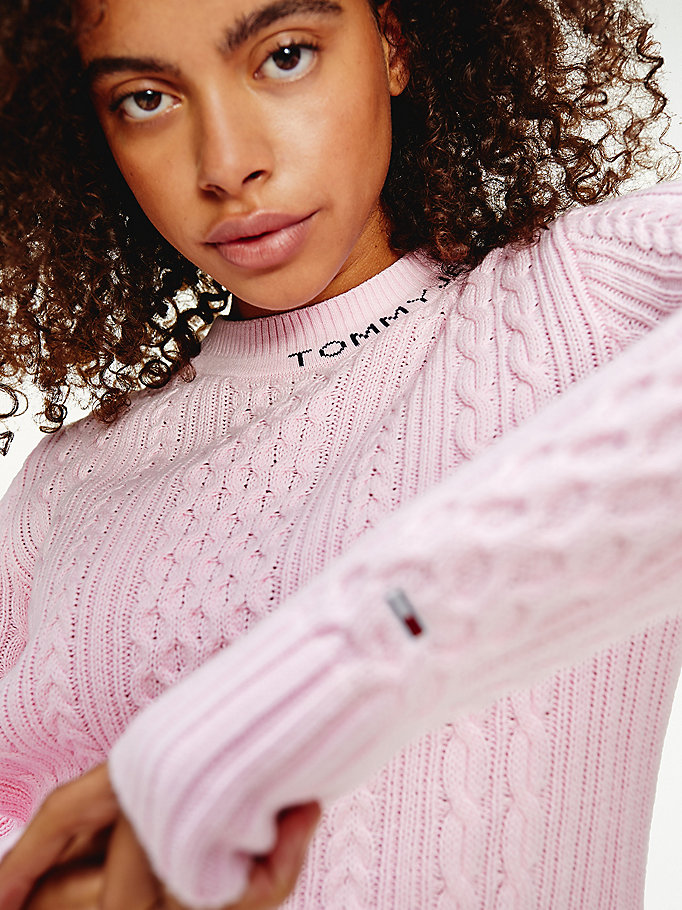 Tommy Hilfiger Cable Knit Crew Neck Gensere Dame Rosa | IRUNGQ-037