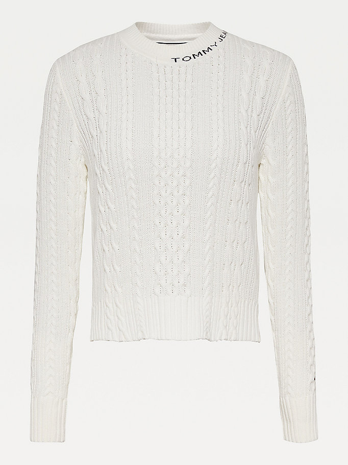 Tommy Hilfiger Cable Knit Crew Neck Gensere Dame Hvite | PGTQIM-827