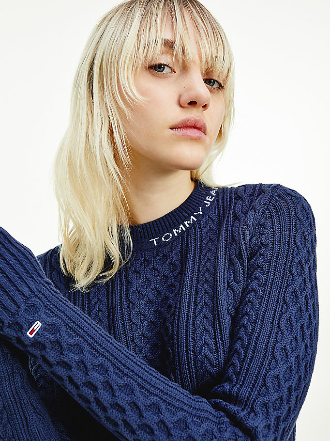 Tommy Hilfiger Cable Knit Crew Neck Gensere Dame Blå | VACTBW-938