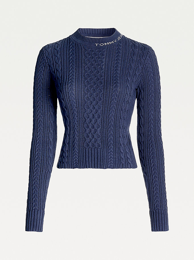 Tommy Hilfiger Cable Knit Crew Neck Gensere Dame Blå | VACTBW-938