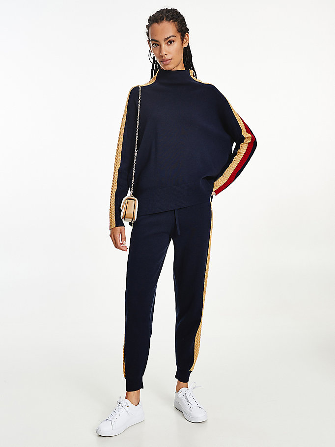 Tommy Hilfiger Cable Knit Stripe Mock Gensere Dame Blå | CQDLOF-432