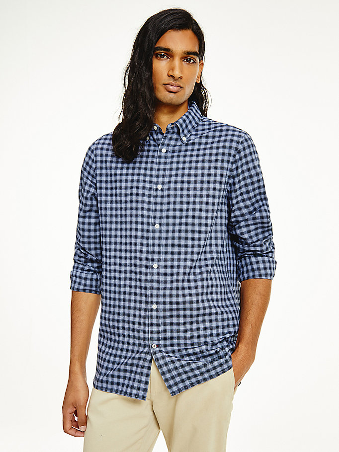 Tommy Hilfiger Check Print Slim Fit Bomull Skjorte Herre Blå | JKIALB-051