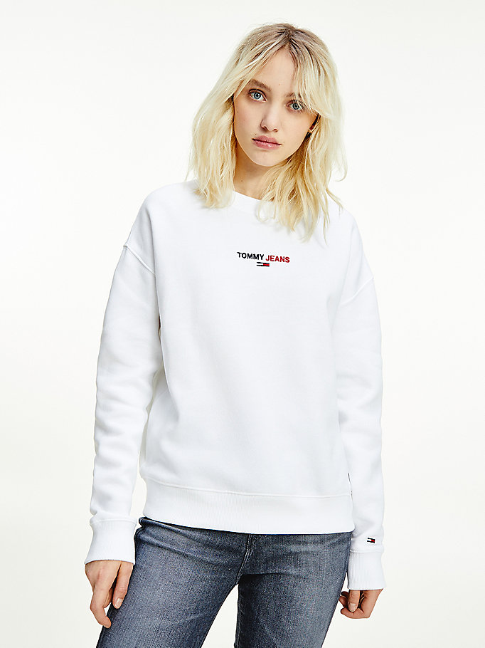 Tommy Hilfiger Chest Logo Crew Neck Sweatshirt Dame Hvite | HEXPNB-054