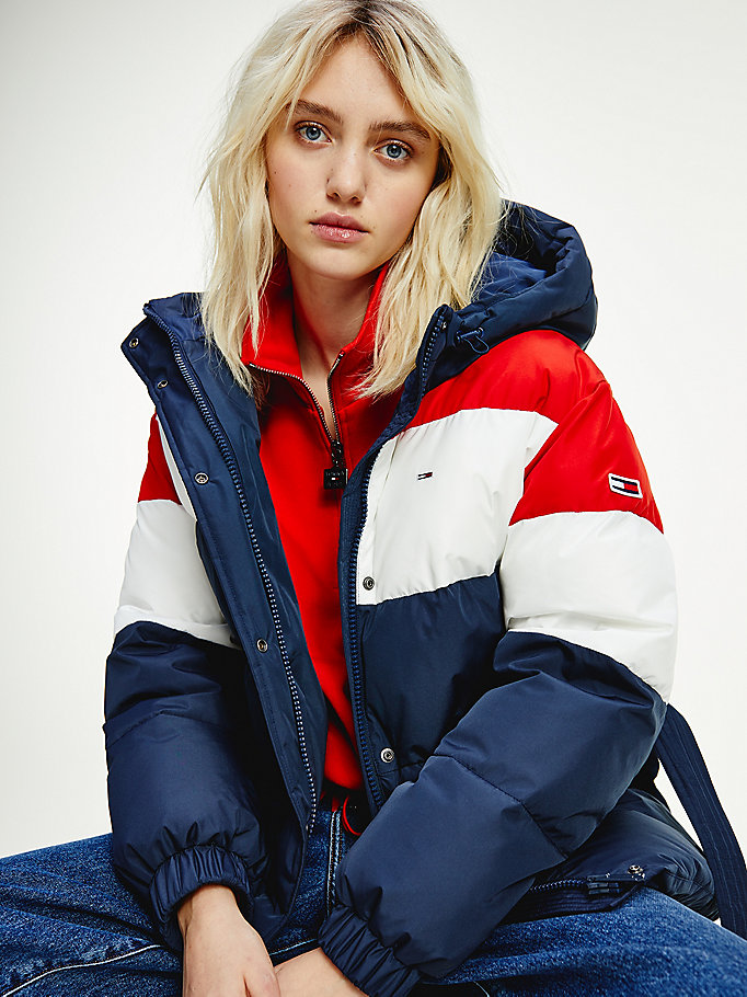 Tommy Hilfiger Colour-Blocked Ed Down Puffer Frakker Dame Blå | CPZWRL-197