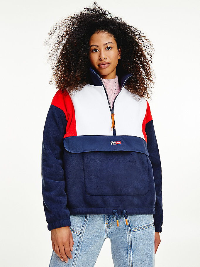 Tommy Hilfiger Colour-Blocked Half-Zip Polar Fleece Sweatshirt Dame Blå | USFAJL-705