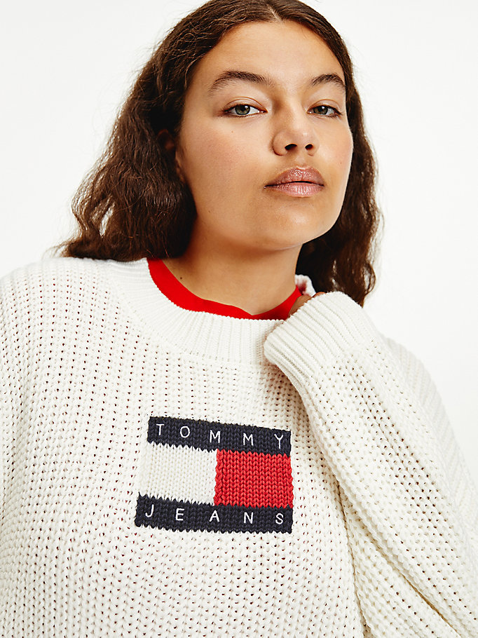 Tommy Hilfiger Curve Flag Badge Chunky Knit Gensere Dame Hvite | SVCKYW-216