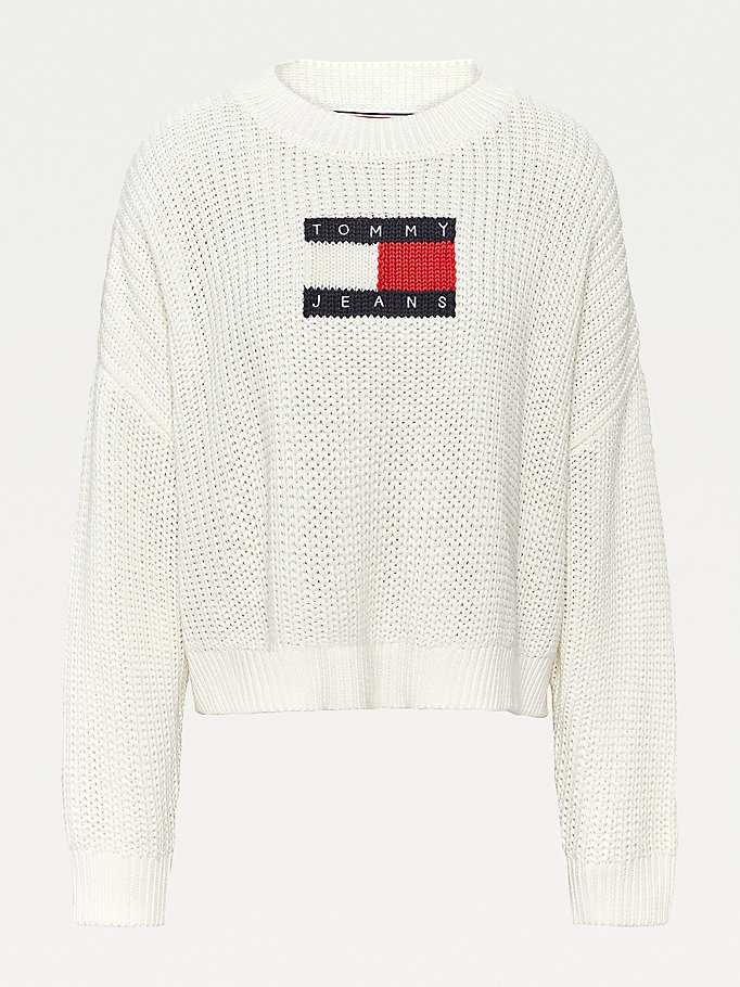 Tommy Hilfiger Curve Flag Badge Chunky Knit Gensere Dame Hvite | SVCKYW-216