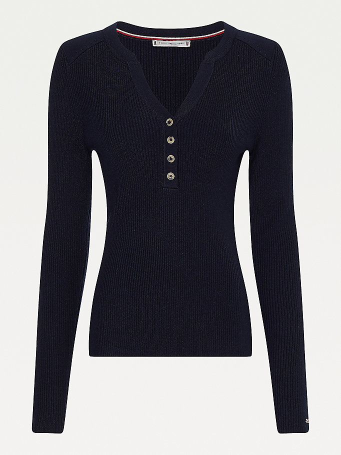 Tommy Hilfiger Curve Henley Ribbed Wool Blend Gensere Dame Blå | IRYXAQ-608