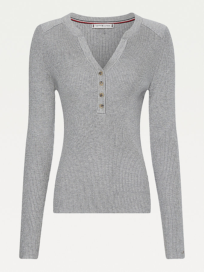 Tommy Hilfiger Curve Henley Ribbed Wool Blend Gensere Dame Grå | VDLKGE-407