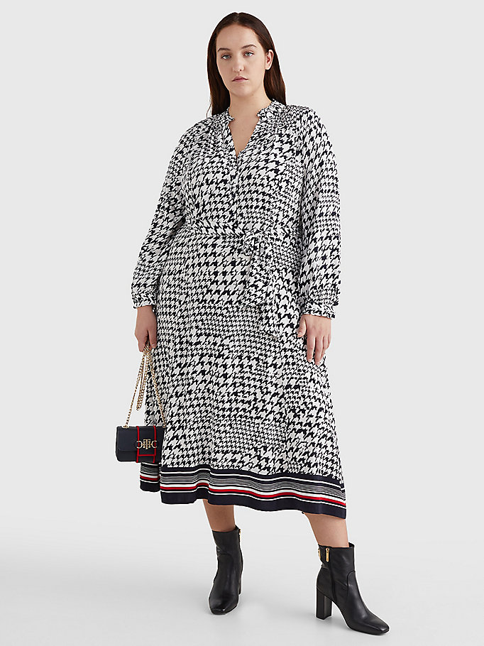 Tommy Hilfiger Curve Houndstooth Relaxed Fit Midi Kjoler Dame Blå | RYVSPQ-247