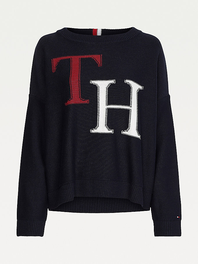 Tommy Hilfiger Curve Monogram Knit Round Neck Gensere Dame Blå | RXZOLT-269