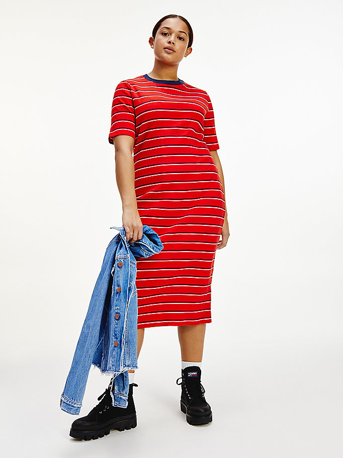 Tommy Hilfiger Curve Stripe Bodycon Midi Kjoler Dame Rød | UPVKAI-386