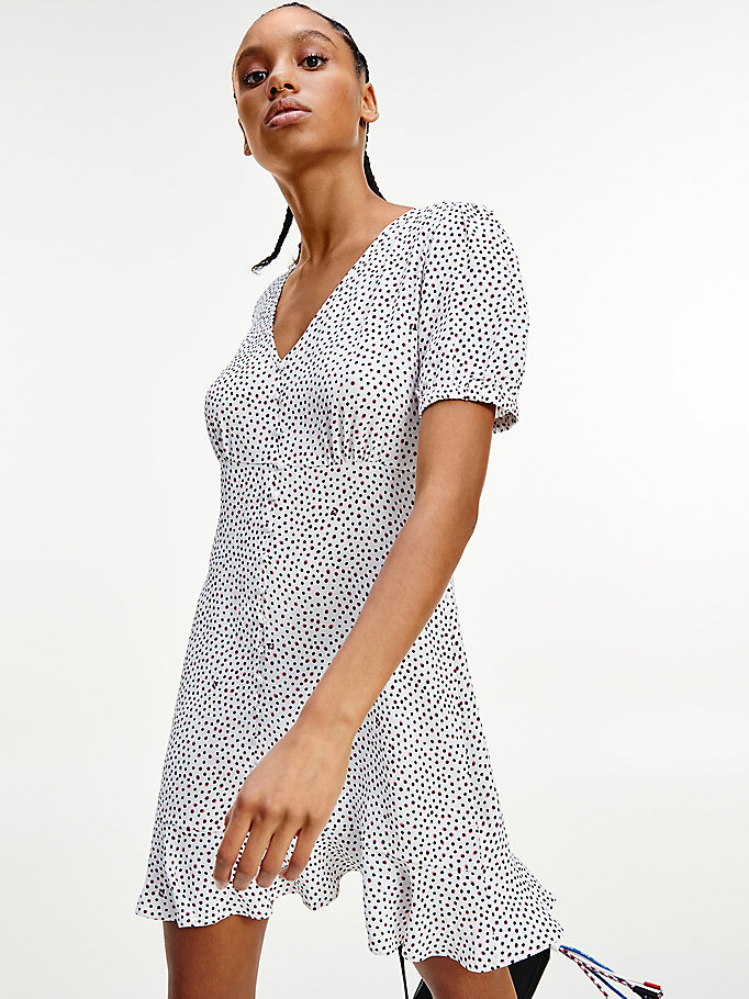 Tommy Hilfiger Dot Print Buttoned Viscose Kjoler Dame Hvite | UQHXIL-751