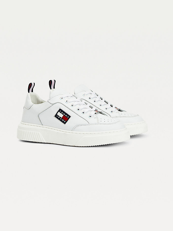 Tommy Hilfiger Elevated Lær Cupsole Flatform Joggesko Dame Hvite | ZXUCSR-895