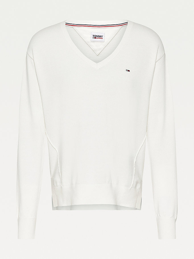 Tommy Hilfiger Essential V-Neck Seam Detail Gensere Dame Hvite | UDCXZH-723