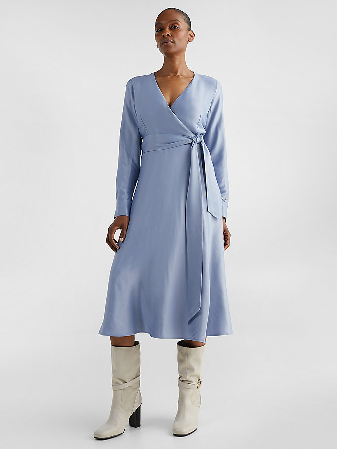 Tommy Hilfiger Exclusive Satin Wrap Midi Kjoler Dame Blå | TFPXWY-519