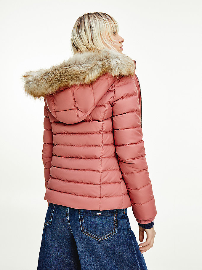 Tommy Hilfiger Faux Fur Hood Down Frakker Dame Rød | CNOGJY-051