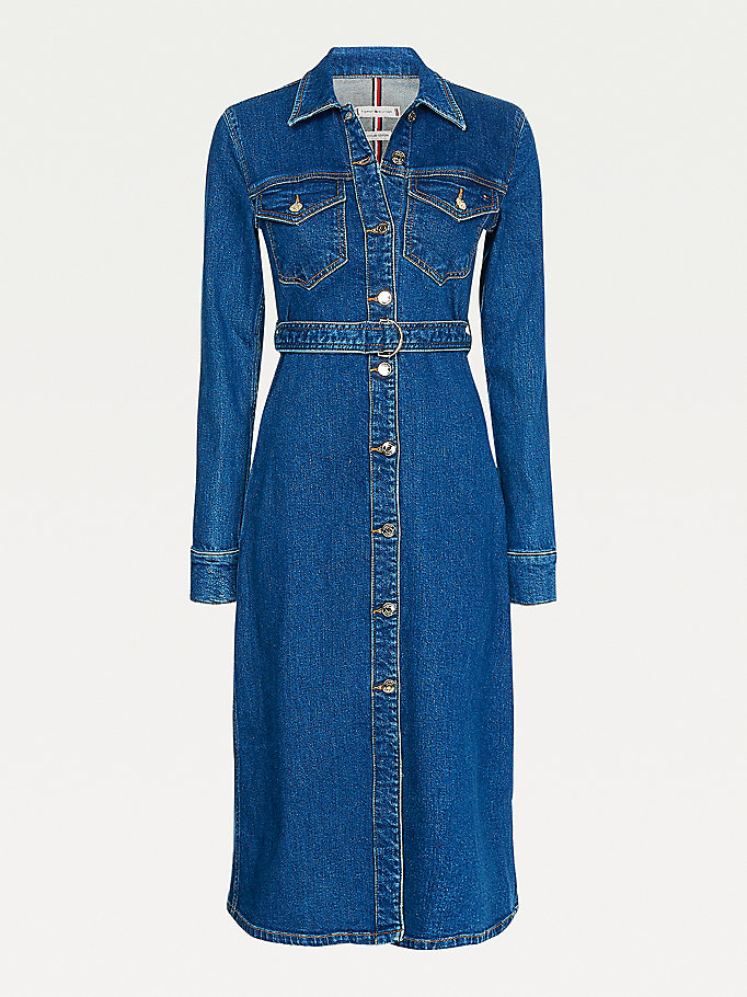 Tommy Hilfiger Fitted Denim Midi Kjoler Dame Blå | TRASQY-697