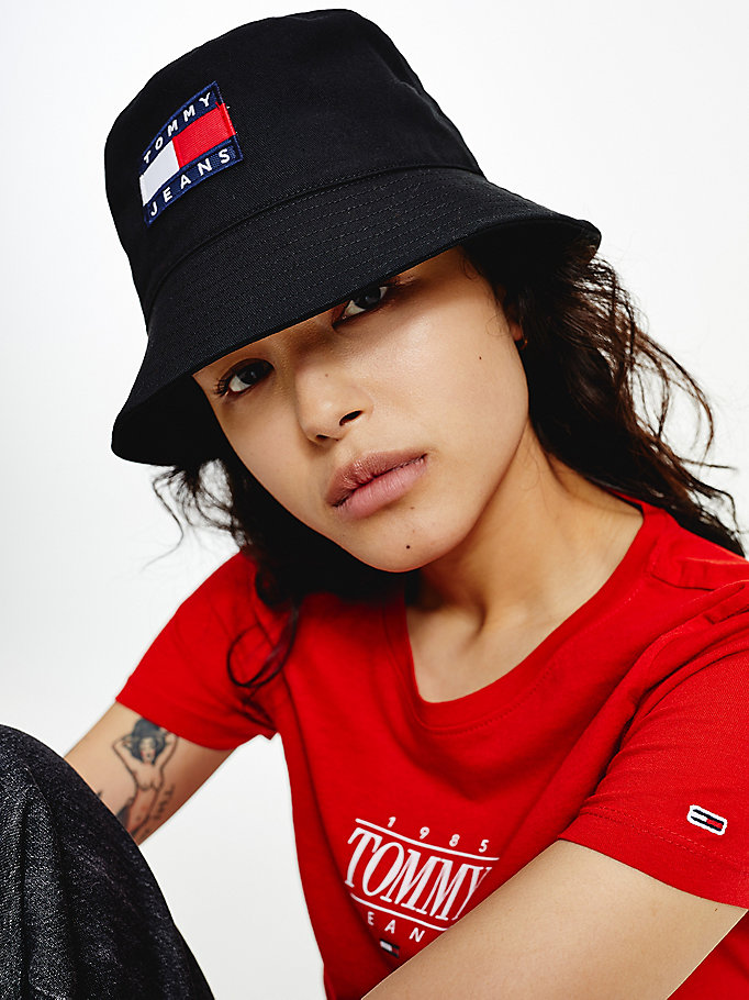 Tommy Hilfiger Flag Patch Bucket Hatt Dame Svarte | QANJDK-917