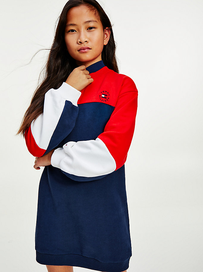 Tommy Hilfiger Fleece Colour-Blocked Long Sleeve Kjoler Jente Blå | RKDAEZ-846