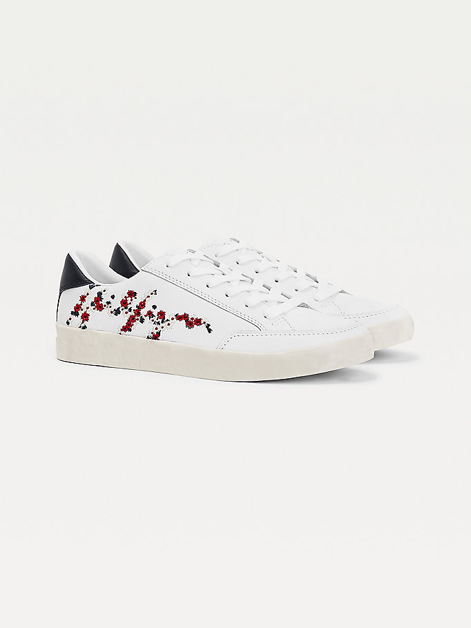 Tommy Hilfiger Floral Embroidery Lær Joggesko Dame Hvite | FZHPMA-258