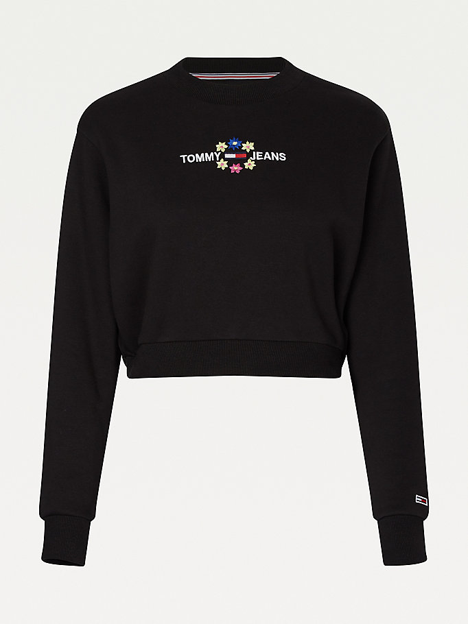 Tommy Hilfiger Floral Logo Cropped Sweatshirt Dame Svarte | UCKQAT-064