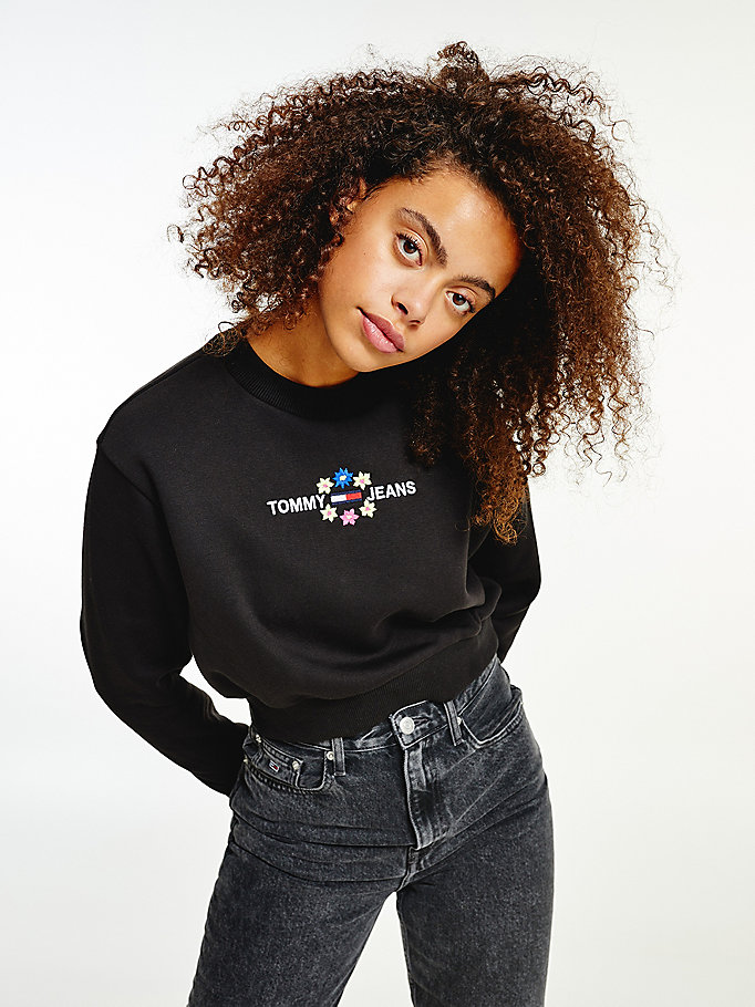 Tommy Hilfiger Floral Logo Cropped Sweatshirt Dame Svarte | UCKQAT-064