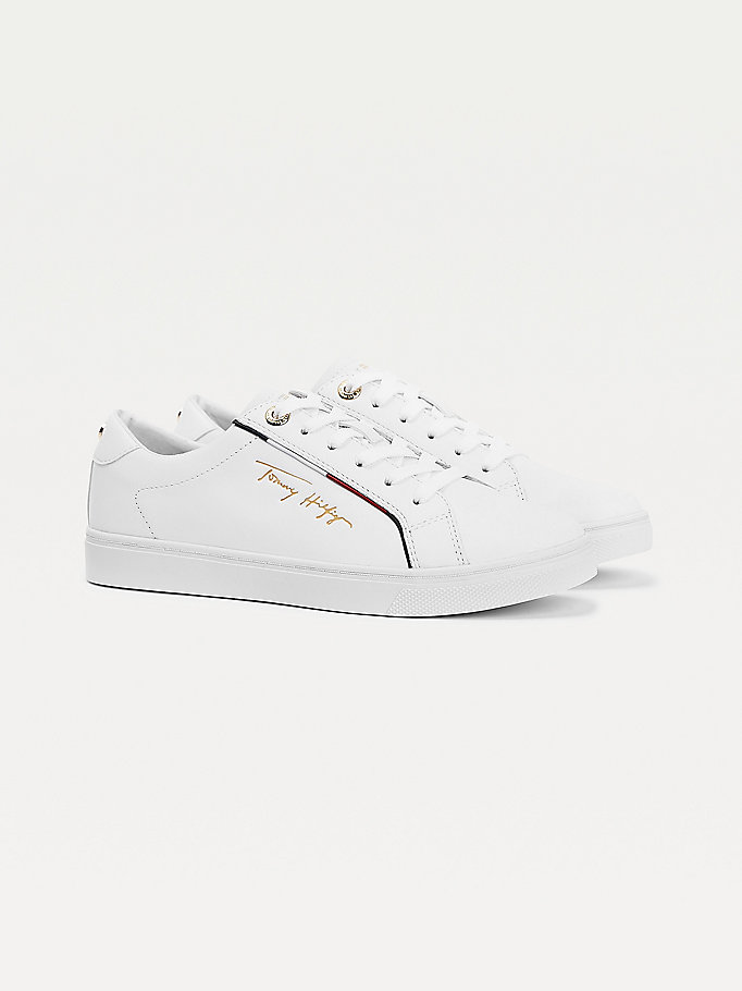 Tommy Hilfiger Gold Detail Lær Joggesko Dame Hvite | CQWVML-230