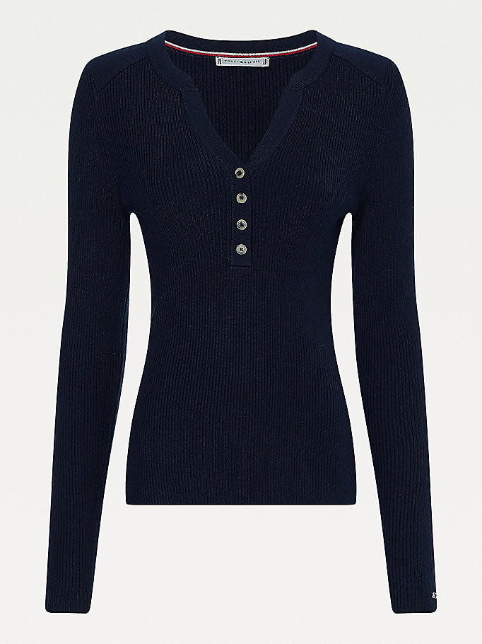 Tommy Hilfiger Henley Ribbed Wool Blend Gensere Dame Blå | CMRKWY-726