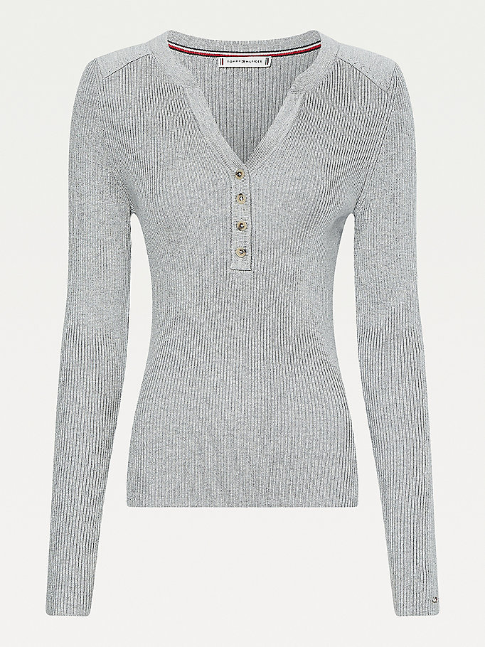 Tommy Hilfiger Henley Ribbed Wool Blend Gensere Dame Grå | MQGYEH-697