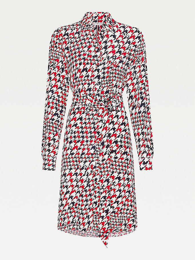 Tommy Hilfiger Houndstooth Relaxed Fit Viscose Kjoler Dame Rød | ZQAJNL-649