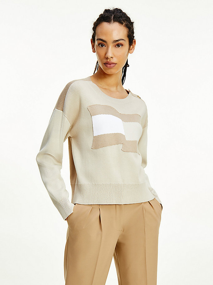 Tommy Hilfiger Icons Motion Flag Gensere Dame Beige | WQUVTO-953