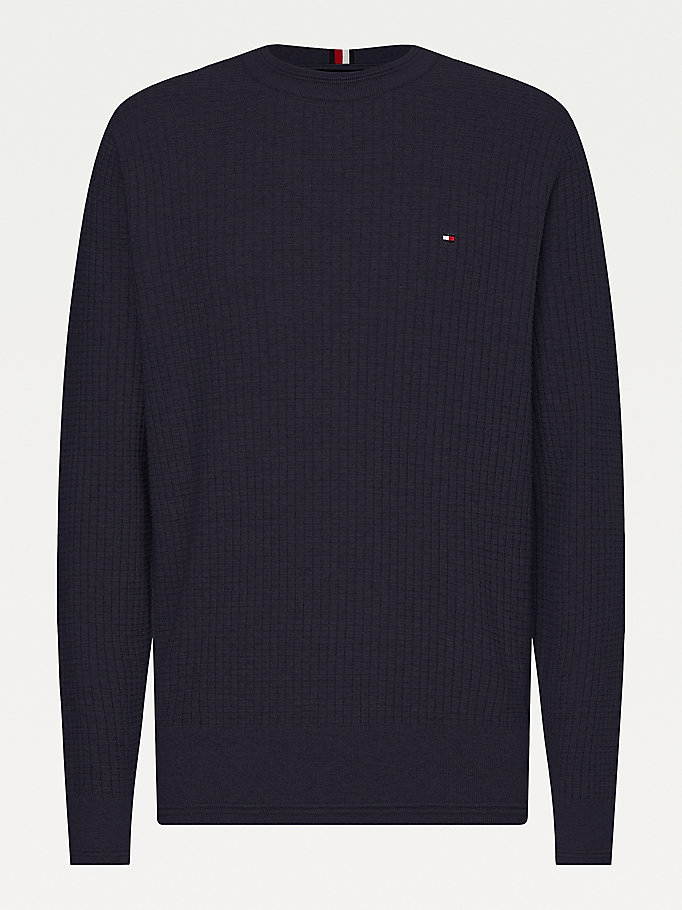 Tommy Hilfiger Knitted Grid Check Crew Neck Gensere Herre Blå | KTDYXG-197