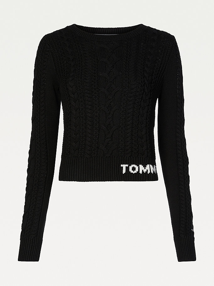 Tommy Hilfiger Logo Cable Knit Gensere Dame Svarte | HUBOAG-427