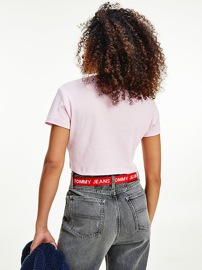 Tommy Hilfiger Logo Embroidery Cropped T-skjorte Dame Rosa | XAMFHC-986